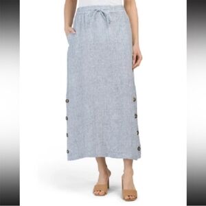 Tahari Women's Gray 100% Linen Button-Detail Maxi Skirt Medium Coastal Grandma